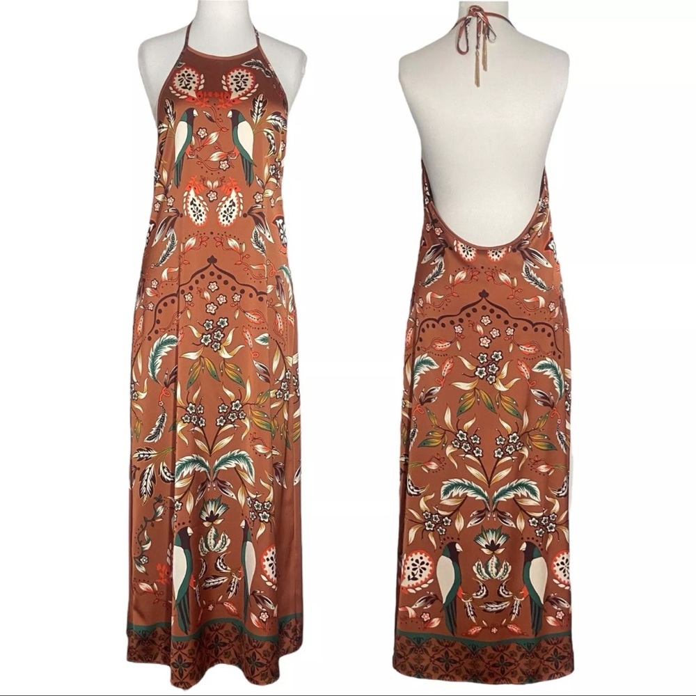 House of Harlow 1960 Bird Printed Halter Open Back Maxi Dress xs Brown Teal NWT